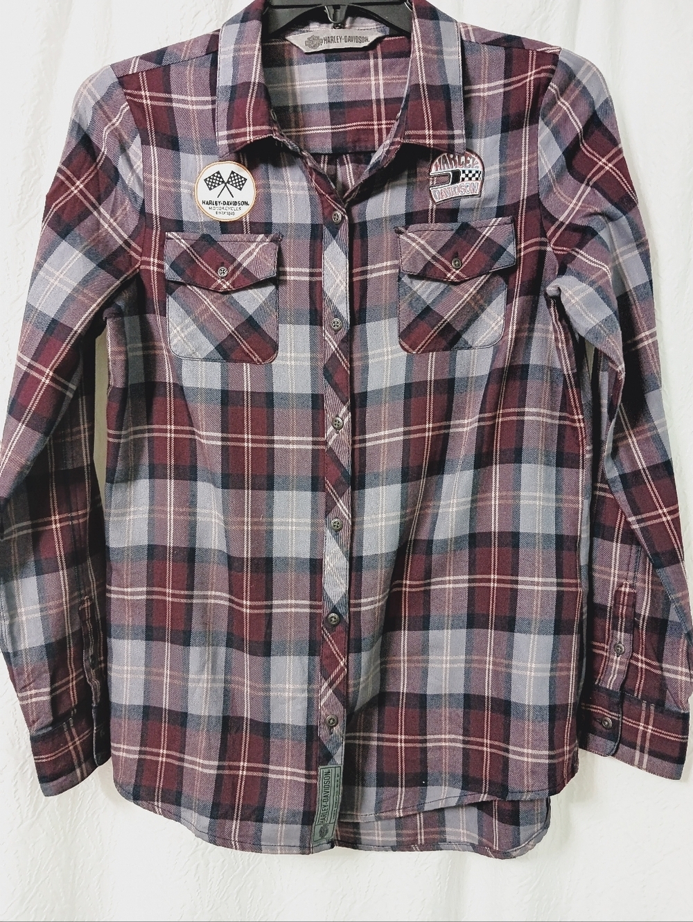Harley-Davidson Burgundy and Gray Plaid Flannel Shirt